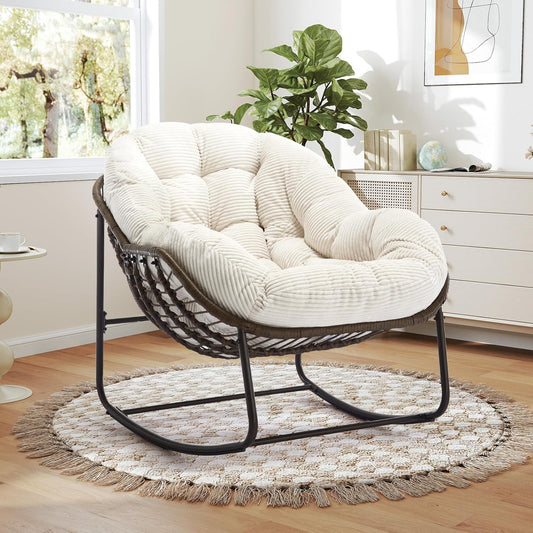 Oversized Rocking Papasan Chair – Extra Thick Cushion, Sturdy Wicker Frame, Indoor/Outdoor Lounge Chair for Porch, Patio & Balcony